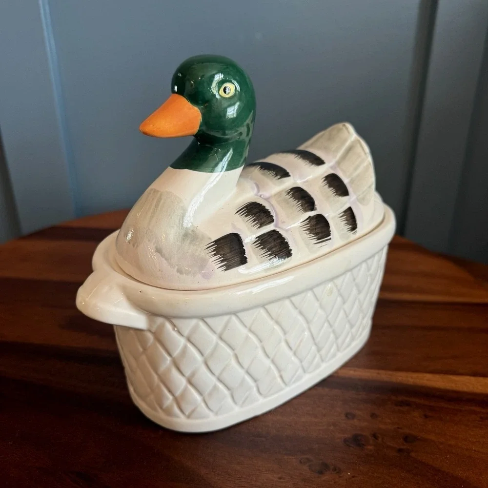 Vintage Duck on a Basket Tureen Ceramic‎ Mallard Cottagecore Farmhouse Japan
